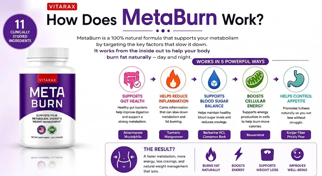 'Infographic explaining how Vitarax MetaBurn works in 5 ways including gut health, inflammation reduction, blood sugar balance, cellular energy, and appetite control.'