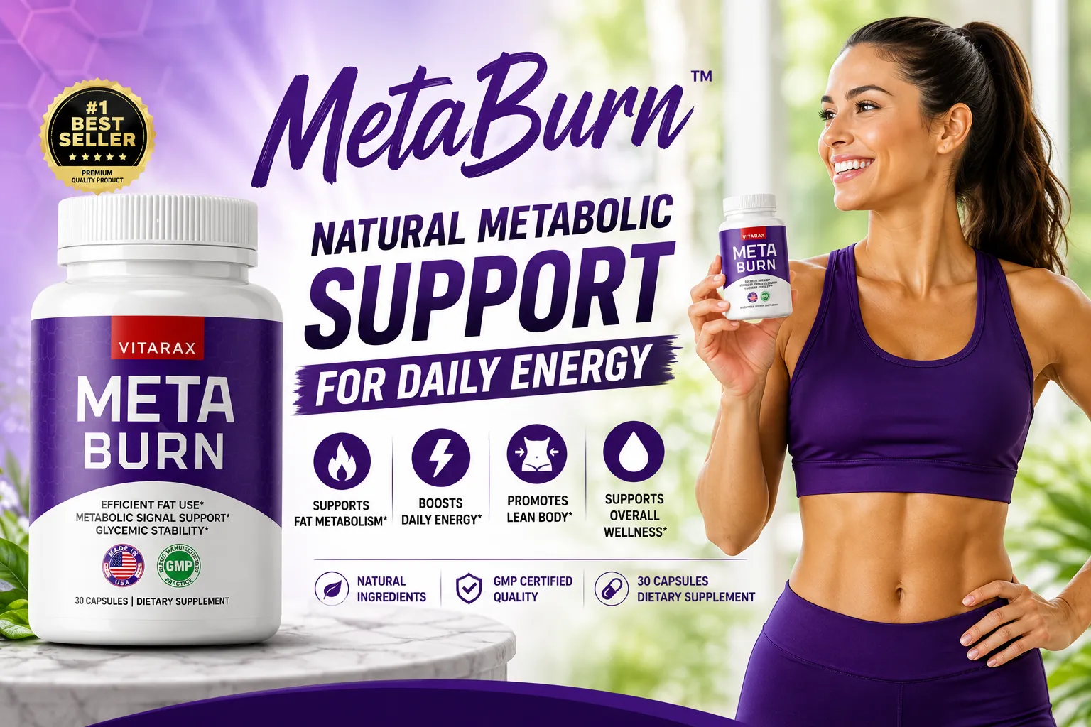 'Vitarax MetaBurn metabolism support supplement advertisement featuring a fit woman holding the product.'