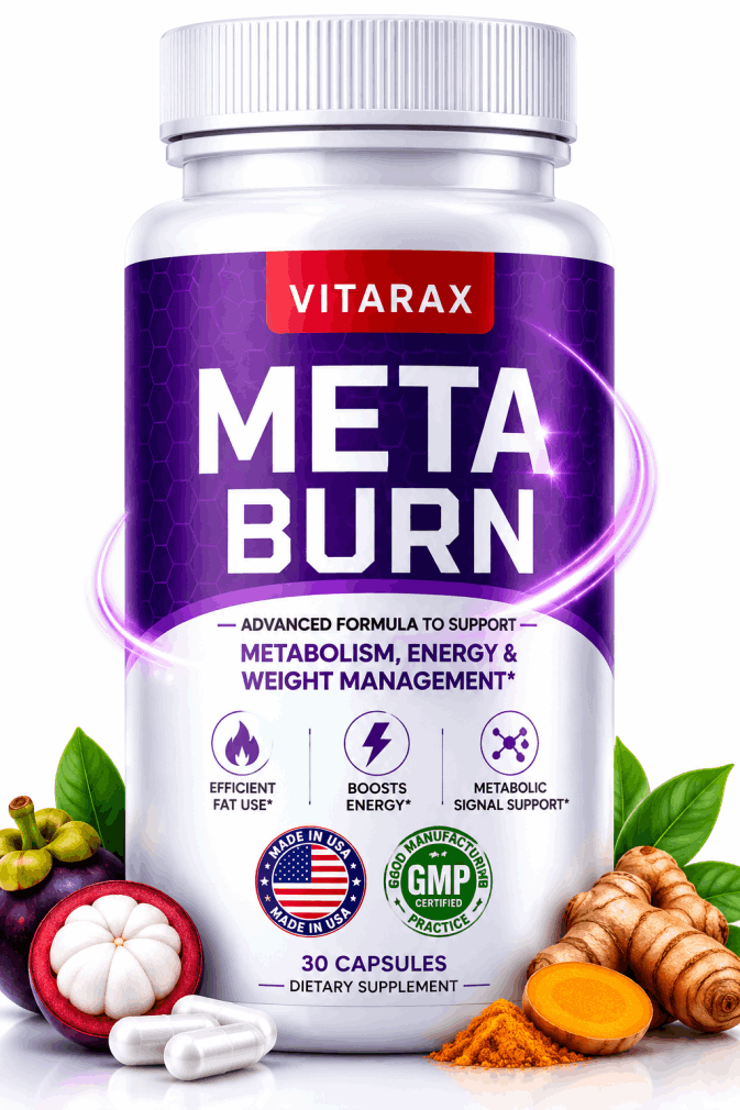 'A detailed product display of the Vitarax MetaBurn dietary supplement bottle set against a clean white background. The bottle features a vibrant purple honeycomb pattern label with bold white text reading META BURN. Three graphic icons denote key functions Efficient Fat Use, Boosts Energy, and Metabolic Signal Support. The lower portion of the label outlines benefits including EFFICIENT FAT USE, METABOLIC SIGNAL SUPPORT, and GLYCEIMIC STABILITY alongside MADE IN USA and GMP CERTIFIED quality seals. Surrounding the base of the bottle are natural ingredients, including a whole and cut mangosteen fruit on the left with white capsules, and fresh turmeric roots with a pile of orange turmeric powder on the right.'