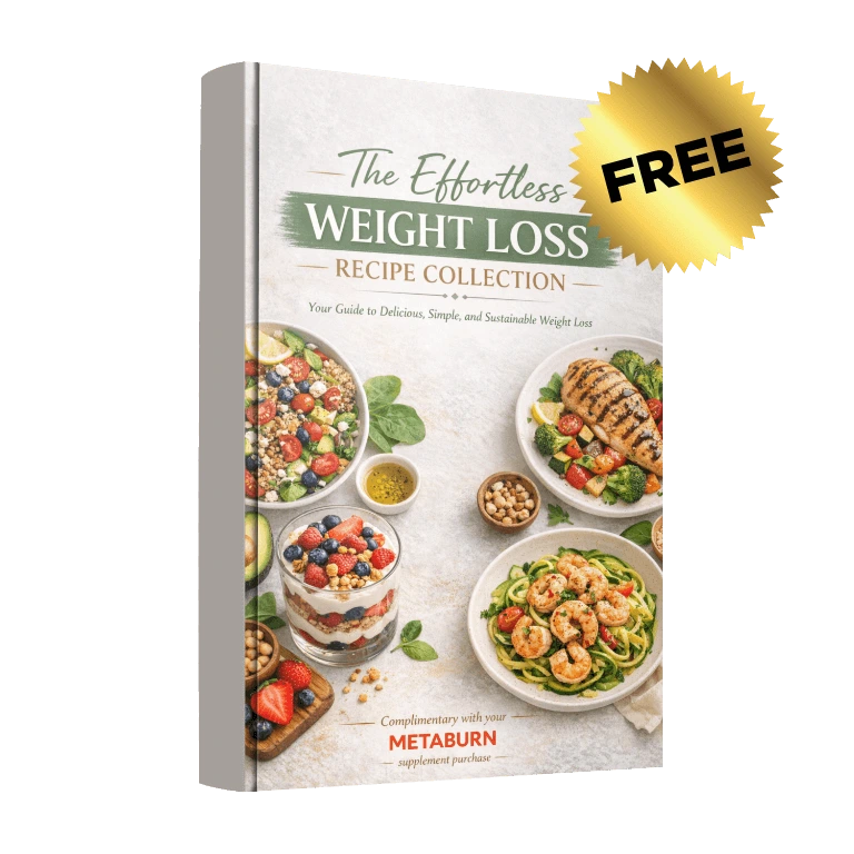 'A 3D product rendering of the white and green Effortless Weight Loss Recipe Collection bonus book showing healthy meals with a gold free sticker.'