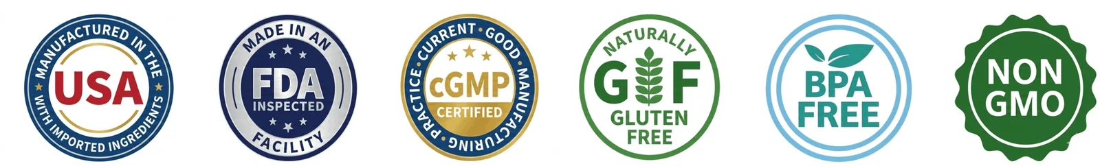 'A row of six product quality badges including Manufactured in the USA, FDA Inspected Facility, cGMP Certified, Gluten Free, BPA Free, and Non GMO.