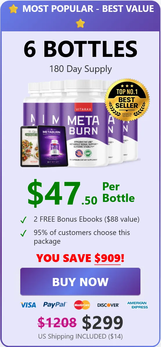 'An online checkout section for the Vitarax MetaBurn Best Value package featuring 6 bottles for forty-seven dollars and fifty cents per bottle with two free bonus ebooks.