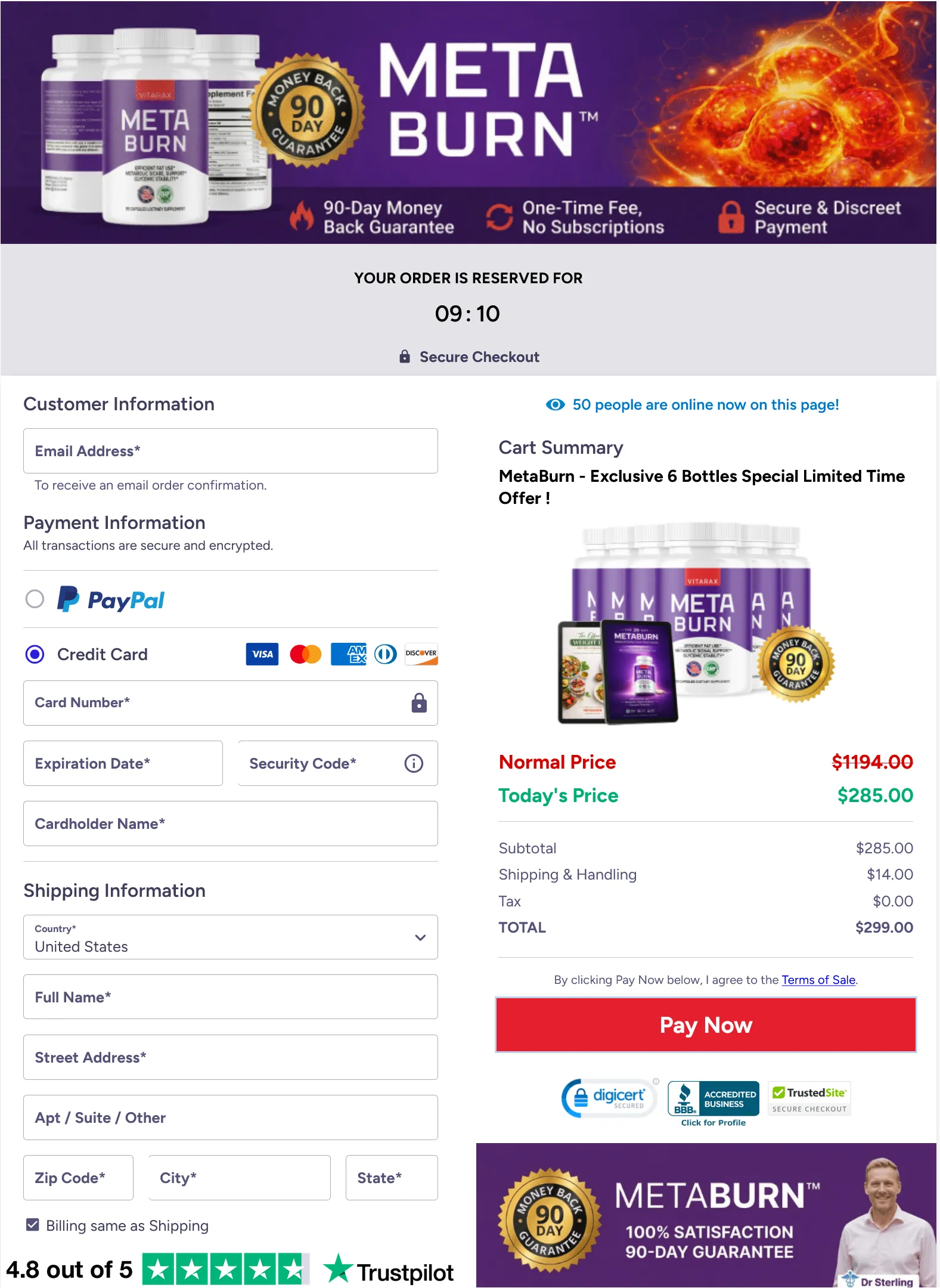 'An online checkout interface page displaying an order form on the left and a cart summary for a 6-bottle package of MetaBurn on the right.'