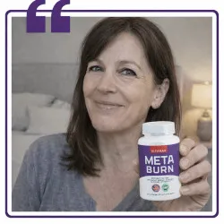 'A square user-generated content graphic featuring a smiling woman holding up a bottle of Vitarax MetaBurn dietary supplement inside a purple frame with a quotation mark icon.'