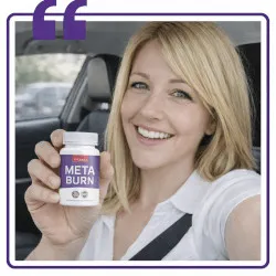 'A square user-generated content graphic featuring a smiling woman holding up a bottle of Vitarax MetaBurn dietary supplement inside a purple frame with a quotation mark icon.'